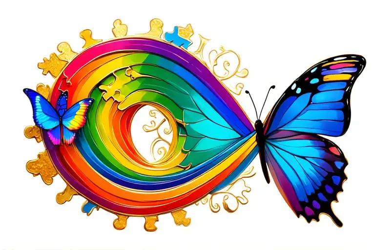 Autism Rainbow Infinity Symbol With Gold Outline And Blue Butterfly At Its Center
