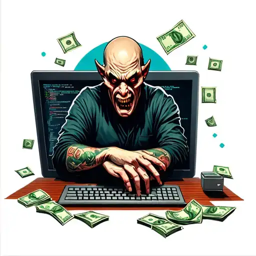 Evil Money Man Typing Code At The Computer