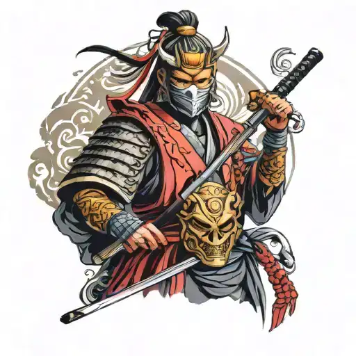 Samurai Pose With Mask Holding