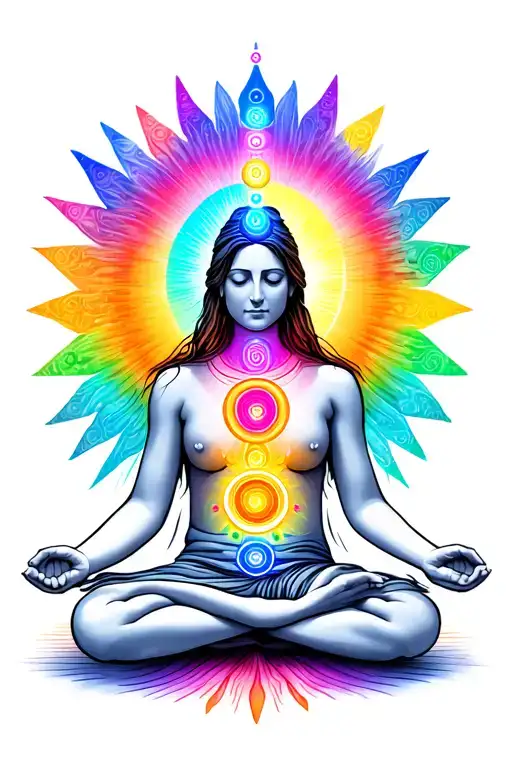 Meditating Figure With Chakras Radiating Light