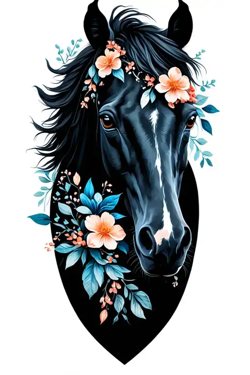 Black And Blue Horse With And Flowers Intertwined