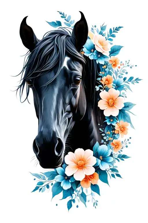Black And Blue Horse With And Flowers Intertwined