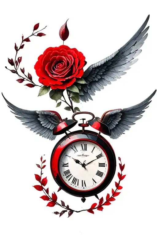 Nature Elements With An Red And Black Clock Around It And Angel Wings