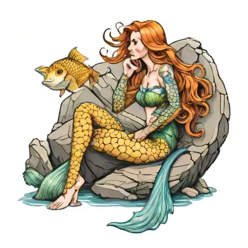 Ginger Mermaid Sitting On A Rock