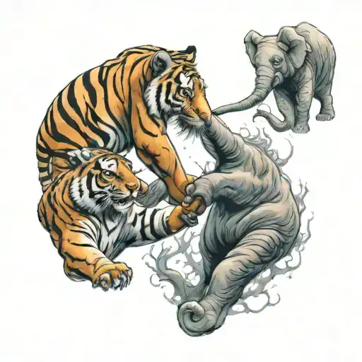 Tiger And Elephant Fighting Each Other