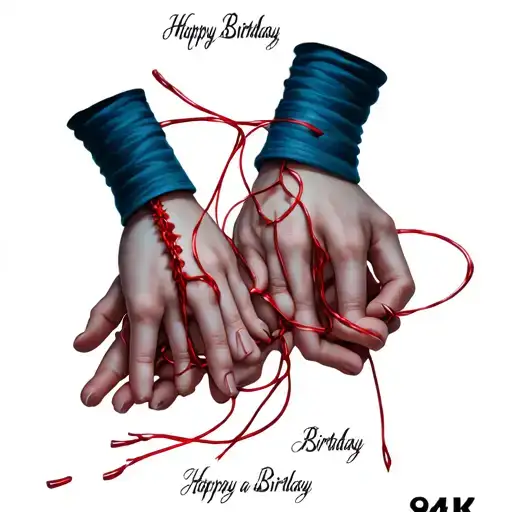 Hands Of A Mother With 3 Red Strings Connected With Each Other With Their Name And Birthday