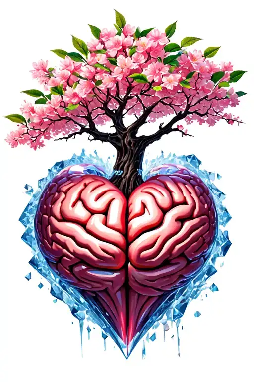 Sakura Tree Growing Out Of A Diamond Heart With The Branches And Leafes Making A Shape Of A Brain