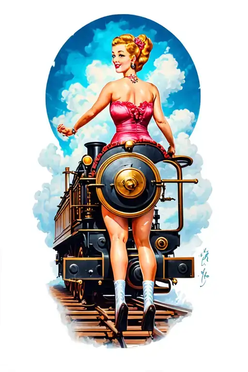 Pin Up Girl Riding A Steam Engine