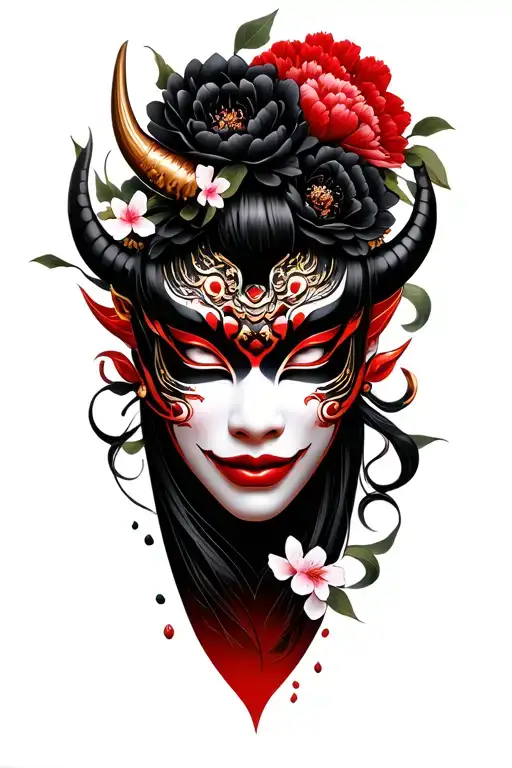 Female Oni Mask Surrounded By Black Peonies And Cherry Blossoms