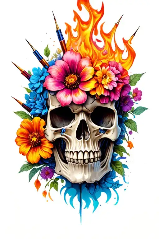 Broken Needles Fire Skull Colorful Flowers