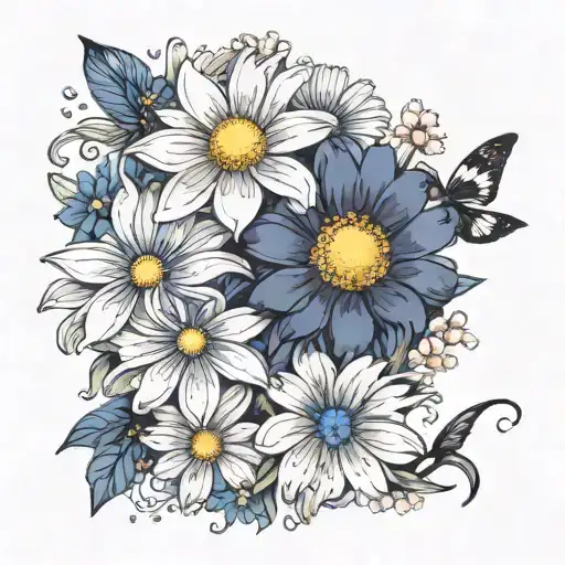 Sakura Petals And Midnight Blue Flowers Intertwined With A Daisy