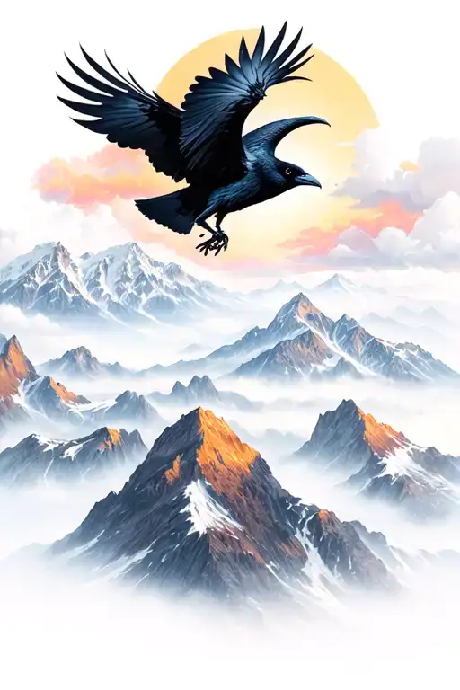 Mountains And Raven Flying
