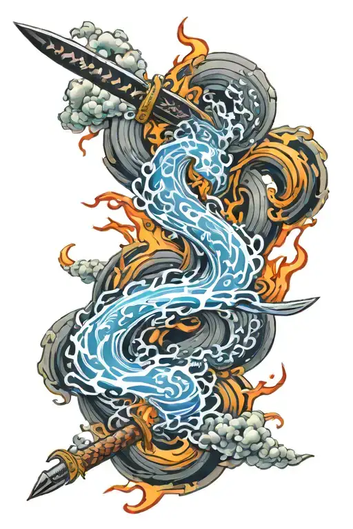 Japanese Sword Swirling Power Around It That Resembles Water And Fire