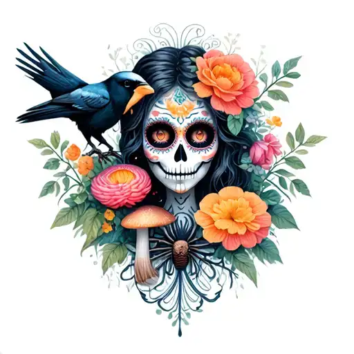 La Catrina Girl Surrounded By Flowers And Spiders And Crow And Mushrooms