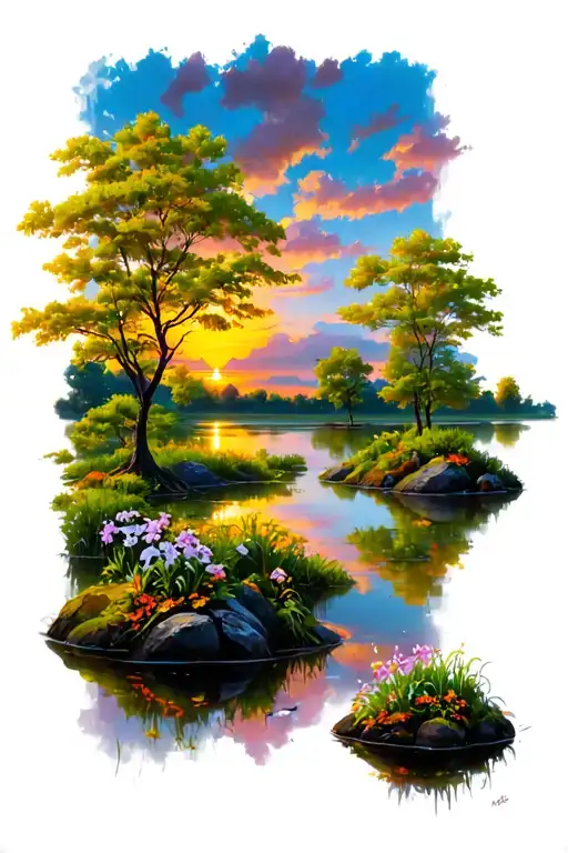 Pond Flowering Trees Colors Sunset