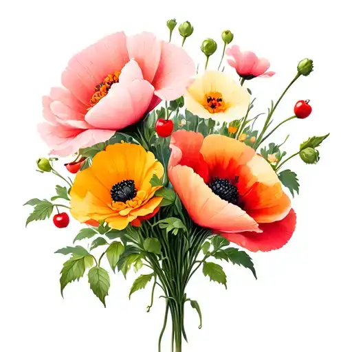 Bouquet Poppy Sweet Pea Cherry Blossom Marigold