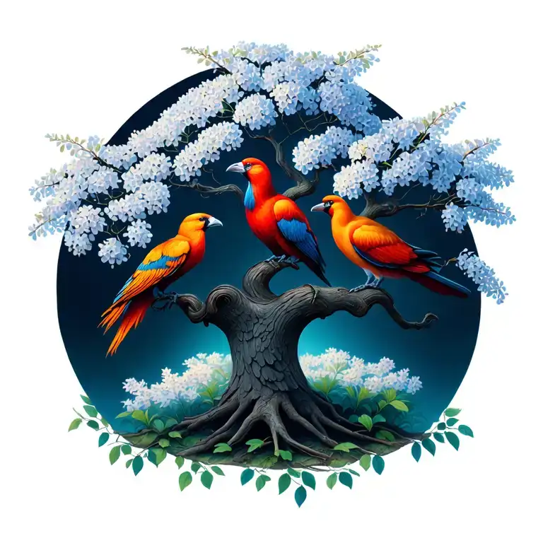 A Tree Growing White Lilacs With Two Orange And Red Ombre Phoenixs Sitting On Different Branches