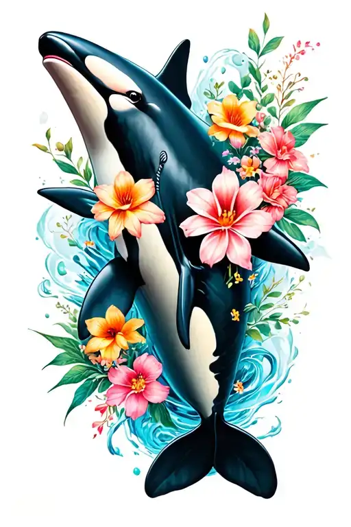 Orca Whale And Flowers Surrounding