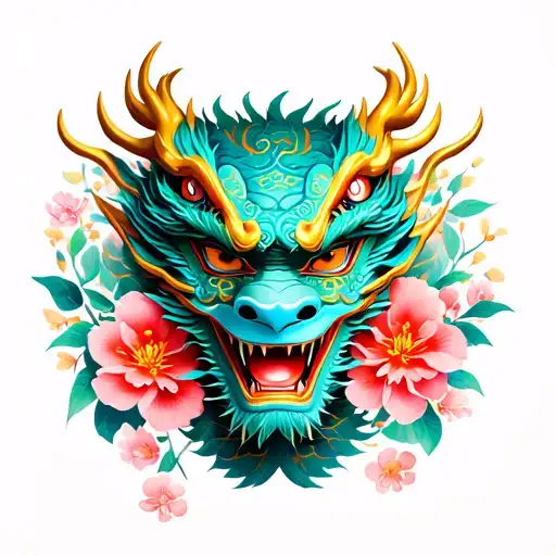 Japanese Mask With Dragon And Cerezo Flowers
