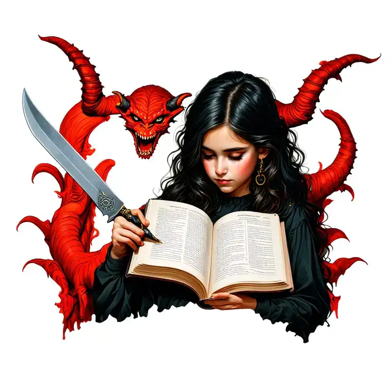 Girl Reading Book With Demon Holding Knife To Her