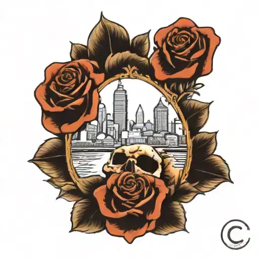 Cleveland Skyline With Skulls And Roses