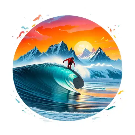 Surfing Barrel And Snowy Mountains Panorama