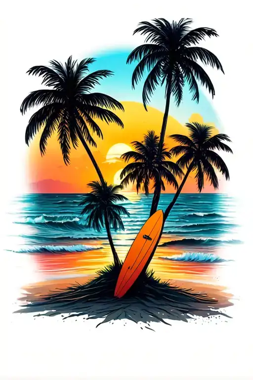 Palm Trees With A Surfboard Leaned Up Against Them And A Sunset In The Back