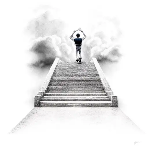 A Man Walking Up The Stairs Of Heaven With 2 Boys Saying Goodbye To Him