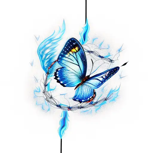 Blue Butterfly With Flameing Wings Flying From A Barbed Wire Bat On Fire