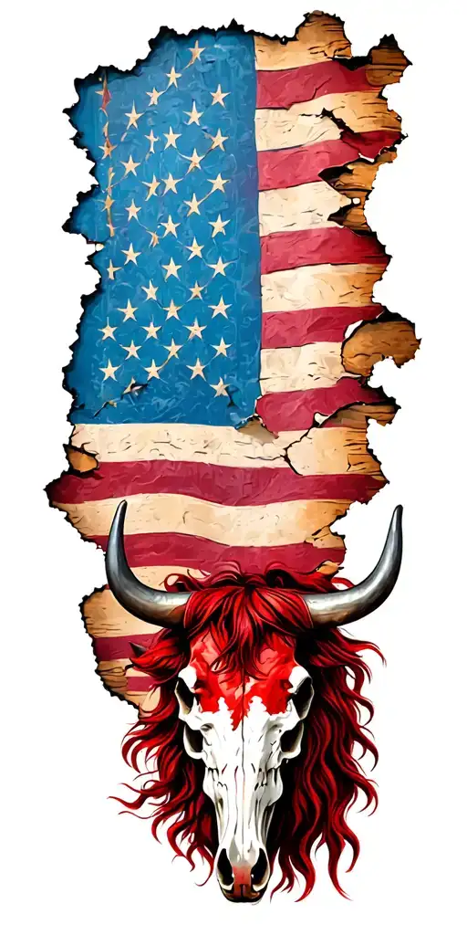 Tattered American Flag With Second Amendment Scroll And A Red Horse Head And Bull Skull