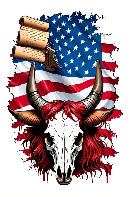 Tattered American Flag With Second Amendment Scroll And A Red Horse Head And Bull Skull