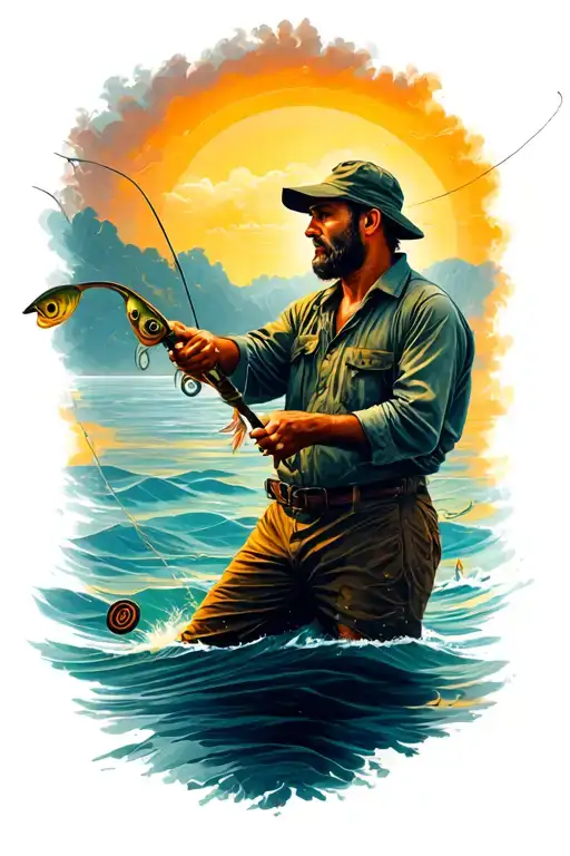 Fisherman Casting A Line Outlining The Design