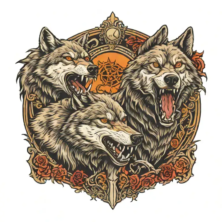 Two Wolves Facing Each Mouth Open Cemetery Background Scary