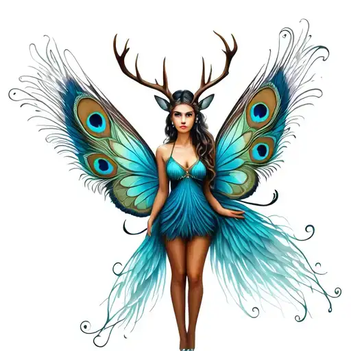 Fairy With Peacock Wings And Deer Antlers