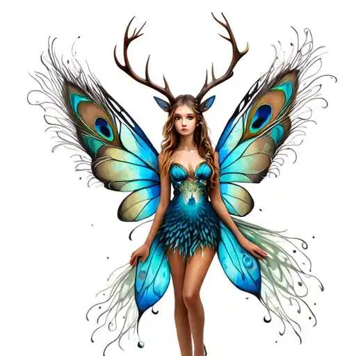 Fairy With Peacock Wings And Deer Antlers
