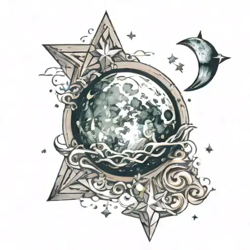 Moon And Four-pointed Stars