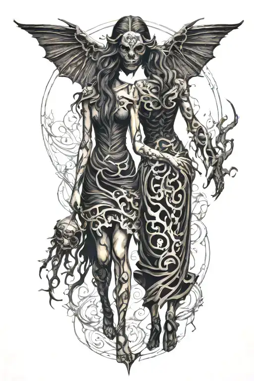 A Shadow Demon And A Girl Walking Holding Hands