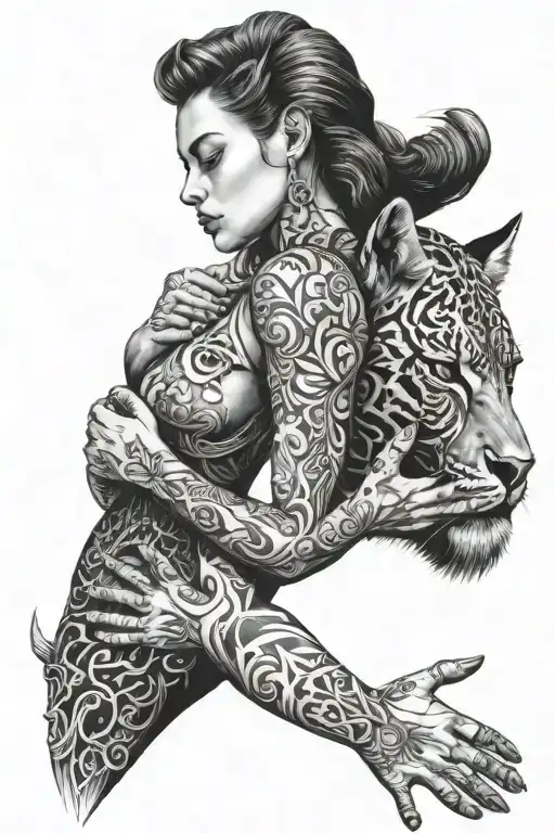 A Drawing Of Beautiful Woman Holding Hands With An Evil Beast