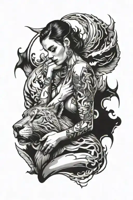 A Drawing Of Beautiful Woman Comforting A Evil Beast