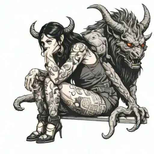 A Dark Haired Girl Sitting Beside A Large Demon Beast With Her Hand On His Shoulder Looking Away