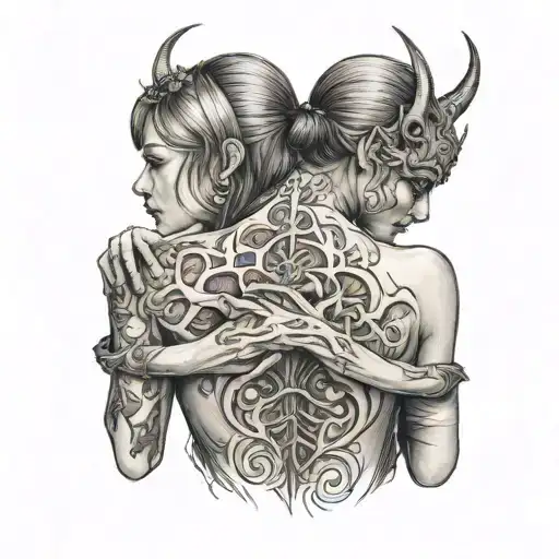 The Back Of A Girl And Demon Looking Away The Girl Is Comforting The Demon With A Hand On Shoulder