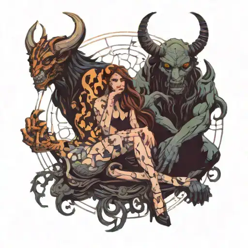 The Siloutte Of A Girl Sitting Beside A Huge Demon With Her Hand On His Shoulder