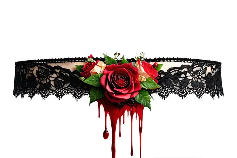 Woman's Lace Choker Dripping Blood And Adorned With Roses And Flowers