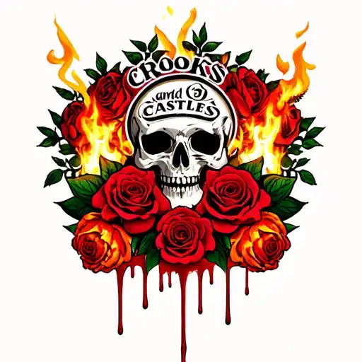 Crooks And Castles Logo Surrounded By Roses And Flowers Dripping Blood On Fire