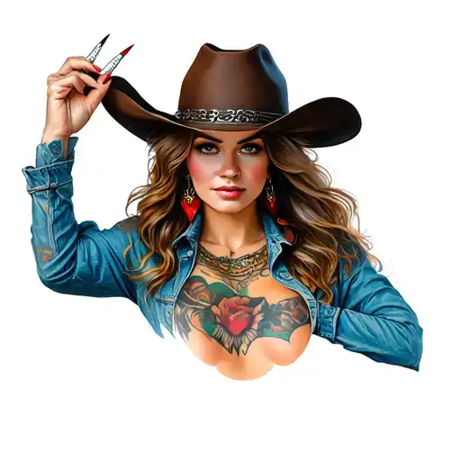 Cowgirl Holding Hat With Nails On