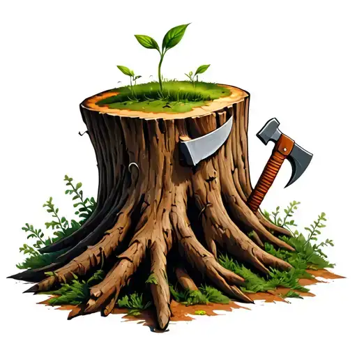 Treestump With Axe Stuck Insdie And A Small Sprout Growing On Top