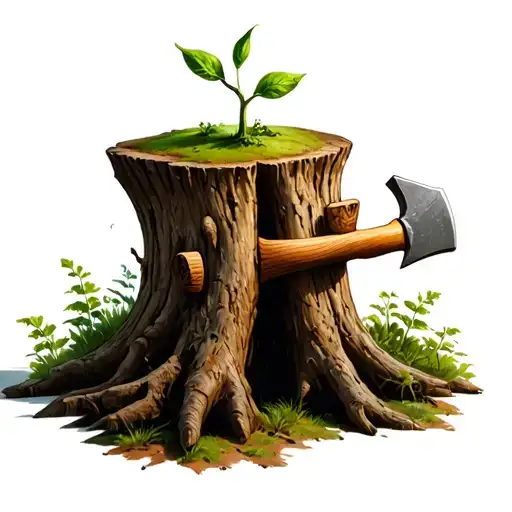 Treestump With Axe Stuck Insdie And A Small Sprout Growing On Top