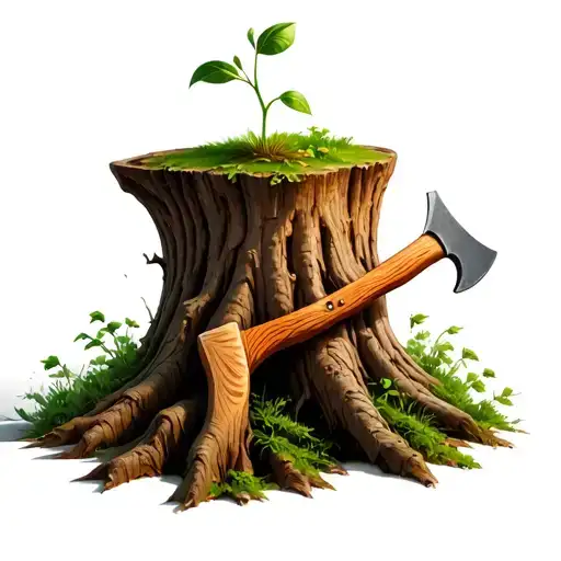 Treestump With Axe Stuck Insdie And A Small Sprout Growing On Top