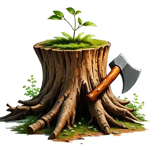 Treestump With Axe Stuck Insdie And A Small Sprout Growing On Top