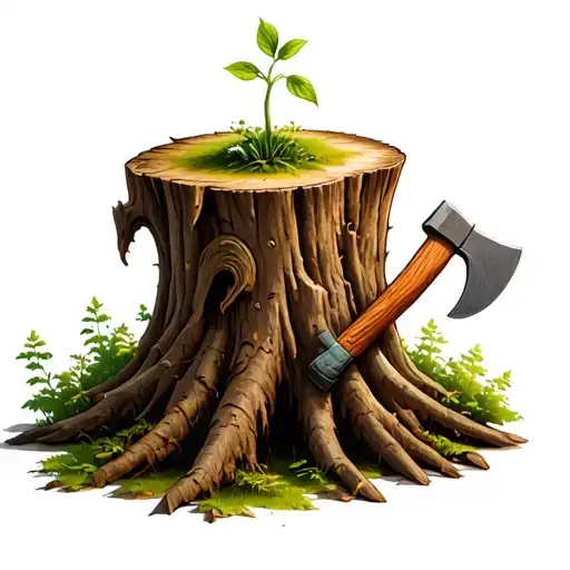 Treestump With Axe Stuck Insdie And A Small Sprout Growing On Top